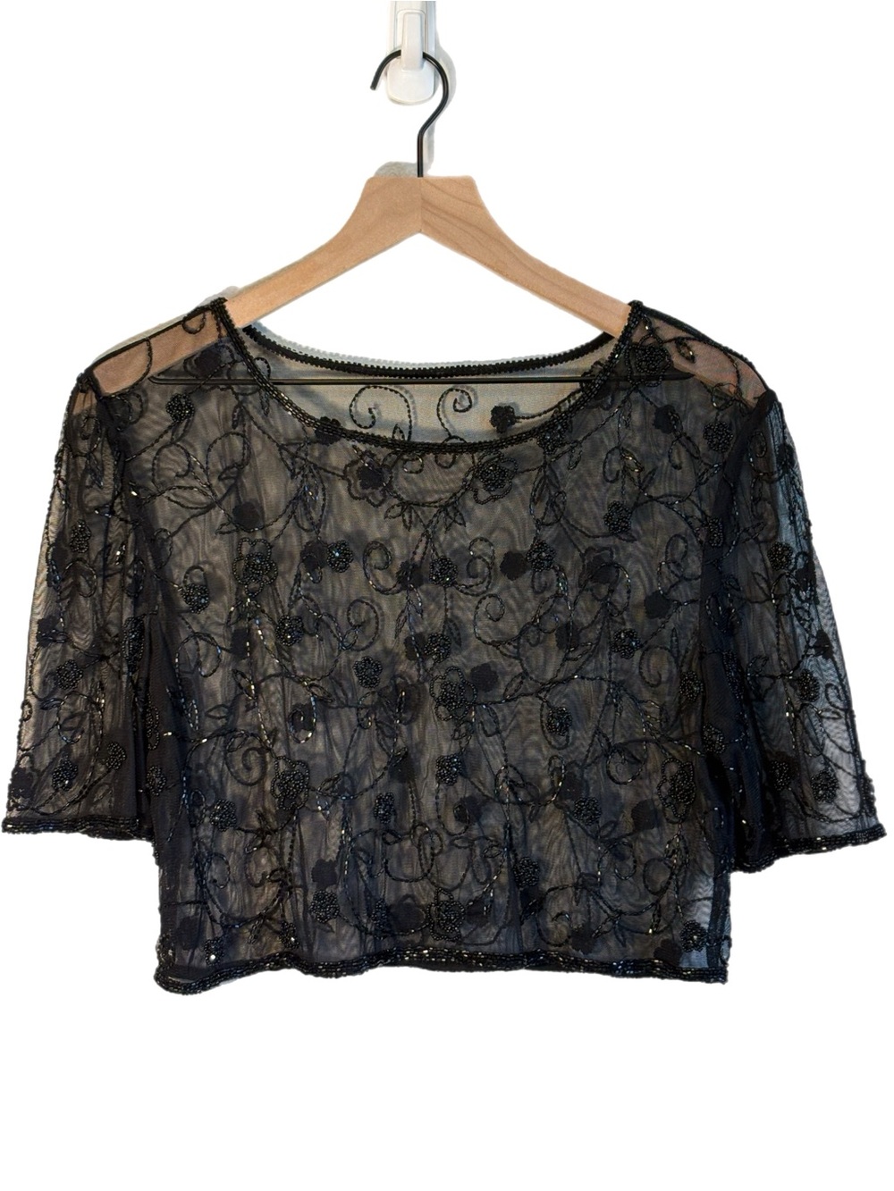 VTG Newport News Sheer Black Beaded Floral Mesh Crop Top Black S/M Whimsigoth